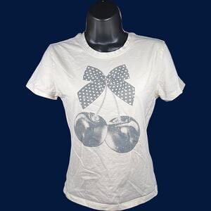 Lucky 777 M Y2K Coquette Cherry Bow Graphic Tee White Crew Neck Fitted